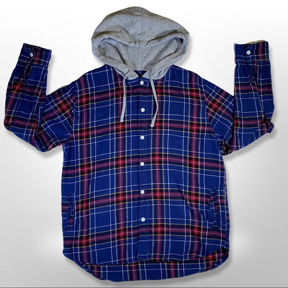 pacsun hooded flannel blue/white